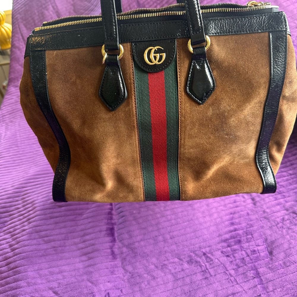 Gucci Brown and Black Shoulder Bag with Red and Green Stripe